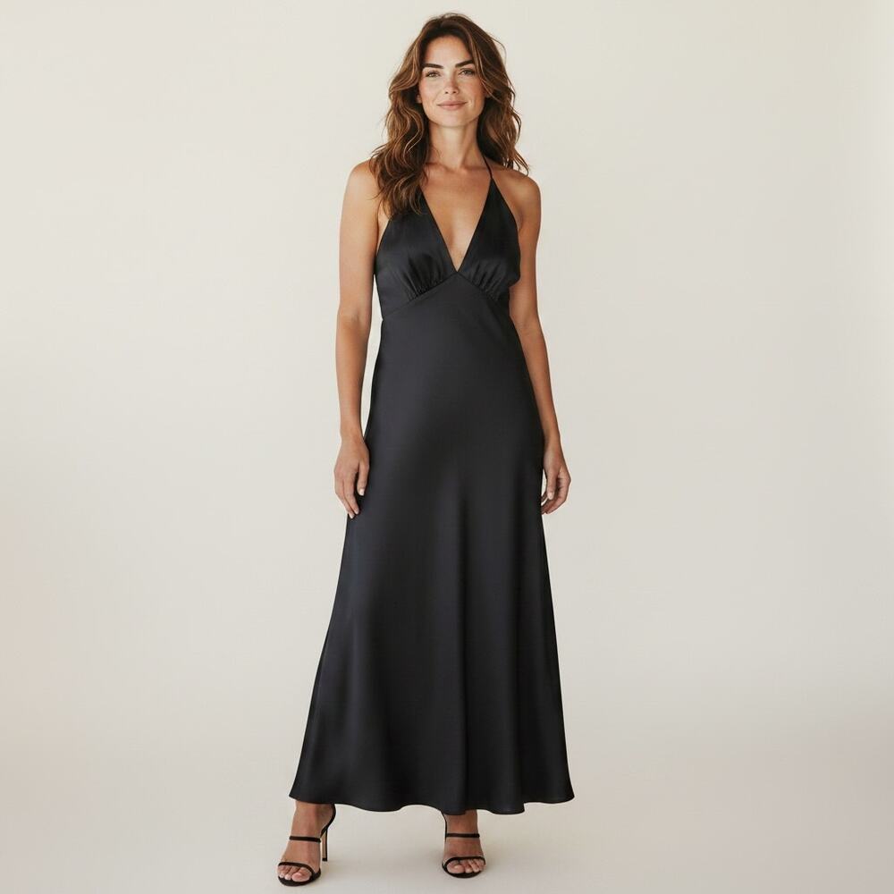 Ann Taylor Halter Slip Dress Vintage Women's Sz 6 Black Maxi Sleeveless 90s LBD